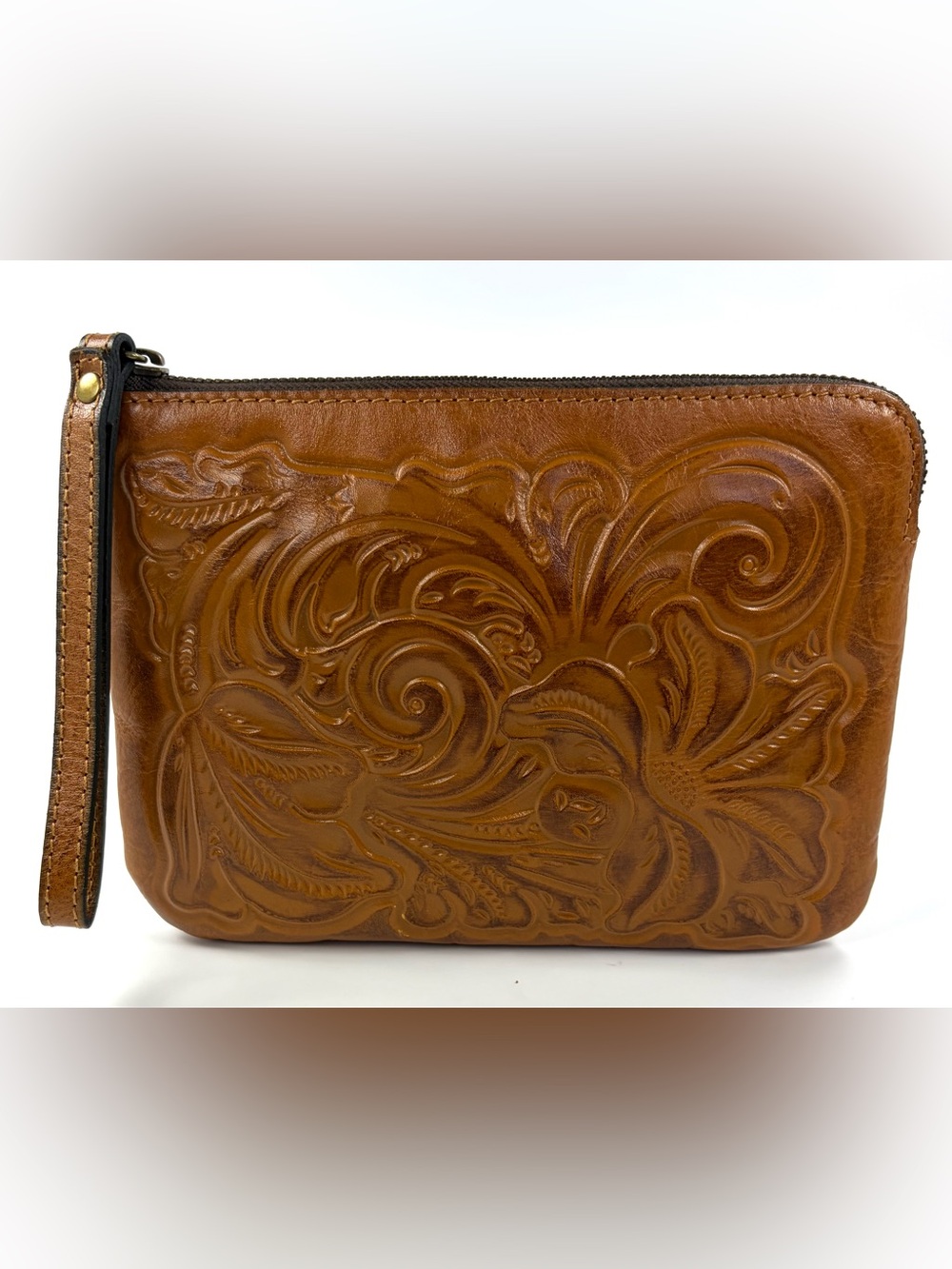 Patricia Nash Tooled Leather Floral Embossed Wristlet Clutch Cognac